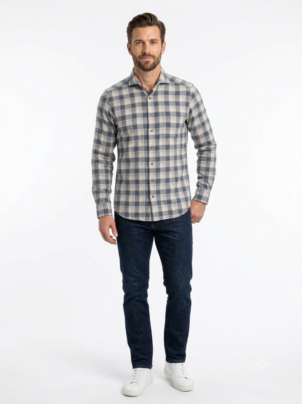 Emanuel Berg Shirt Men's L 16.5 Muted Navy Plaid Flannel Modern Fit Button Up